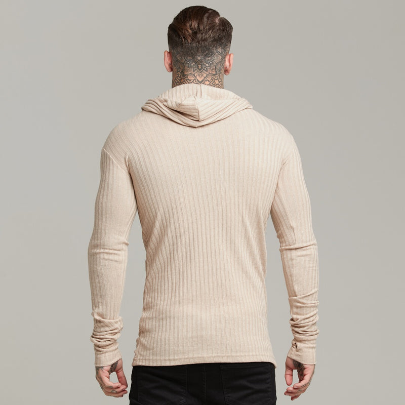 Father Sons klassischer beigefarbener Rippstrick-Kapuzenpullover – FSH412