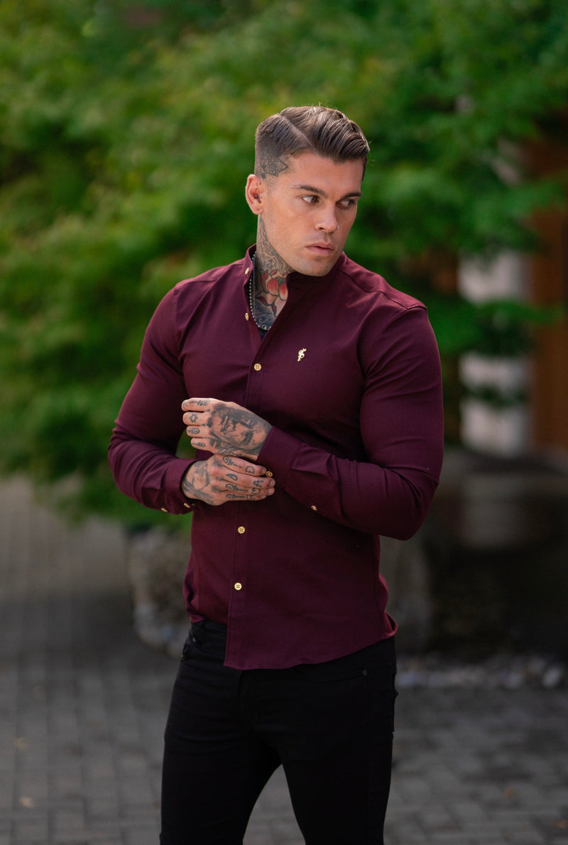 Father Sons Super Slim Stretch Burgundy Denim Long Sleeve Grandad collar with Metal Buttons and Decal Emblem - FS721