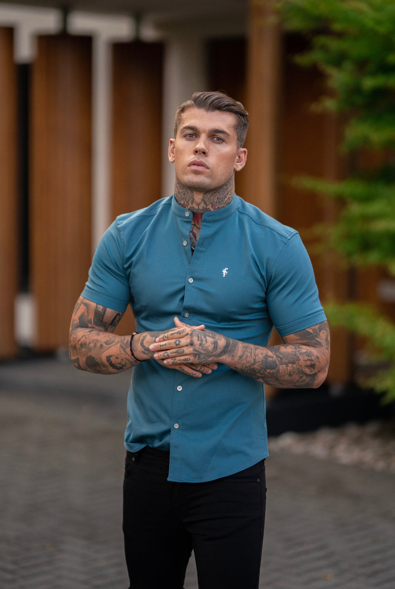 Father Sons Super Slim Stretch Teal Denim Short Sleeve Grandad collar with Metal Buttons and Decal Emblem - FS712
