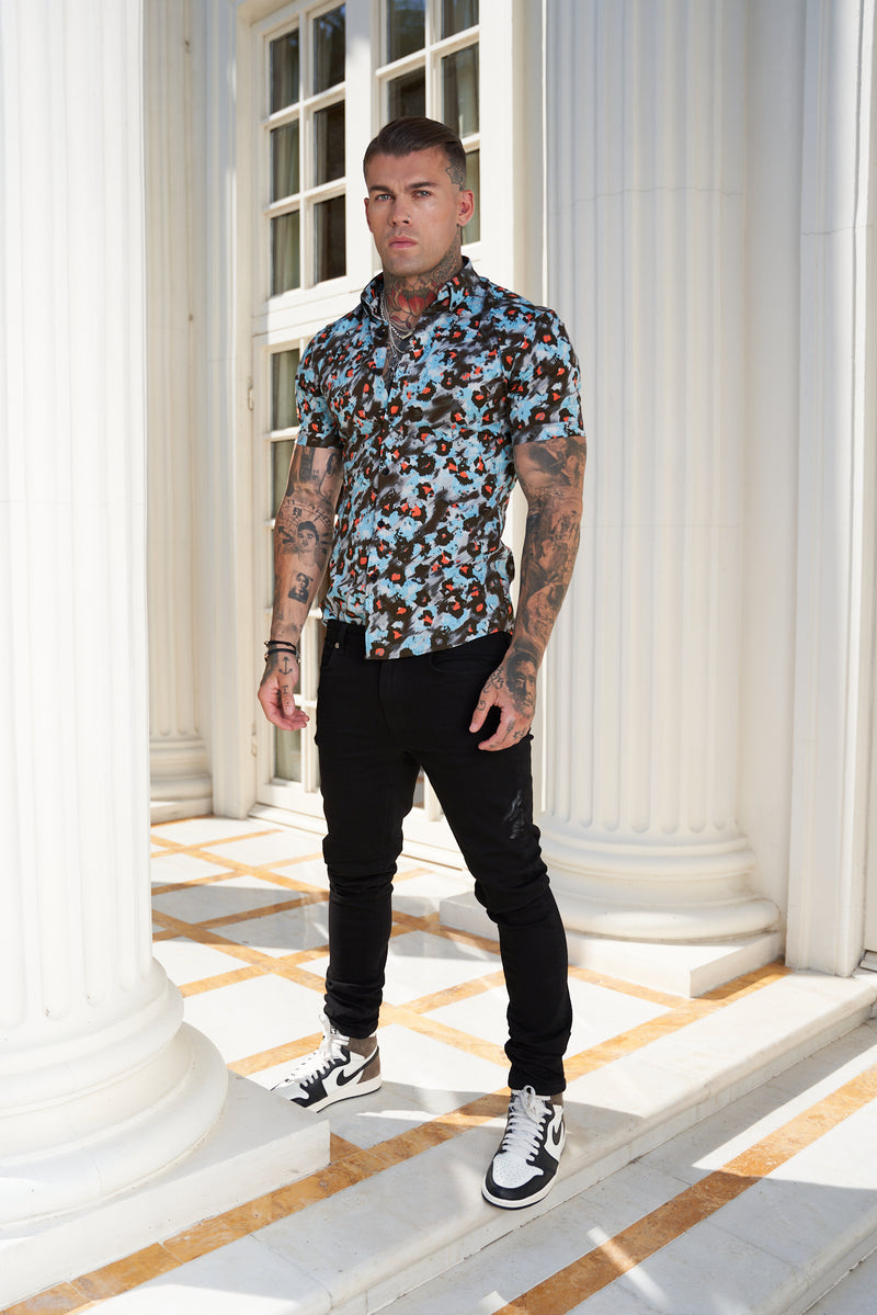 Father Sons Super Slim Stretch Multi Colour Abstract Leopard Print Short Sleeve with Button Down Collar - FS790