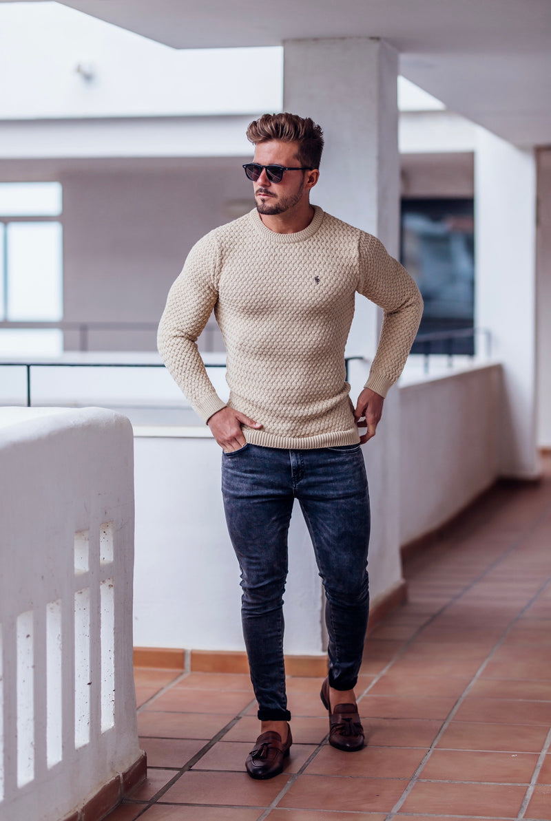 Father Sons Haferflocken-Strickpullover, superschlank, mit Metallaufkleber – FSJ020