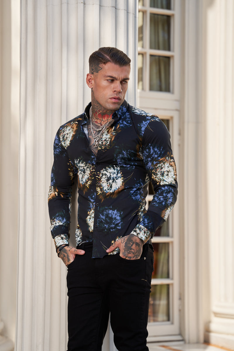 Father Sons Super Slim Stretch Black Base Blurred Flower Print Long Sleeve with Button Down Collar - FS800