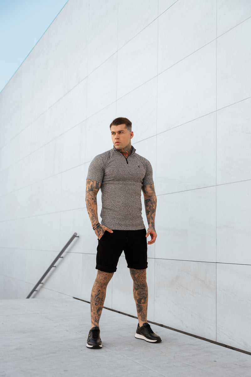 Father Sons Classic Grey Ribbed Zip Funnel Neck Raglan Short Sleeve Crew – FSH730