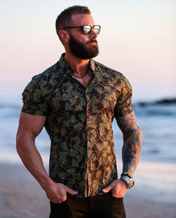 Father Sons Super Slim Stretch Black Base With Palm Tree Print Short Sleeve Button Down - FS586