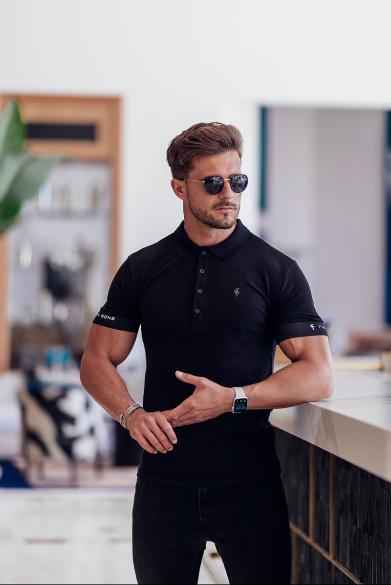 Father Sons Classic Black Polo with FS Elastic Sleeve Branding and Black Metal Emblem - FSH631