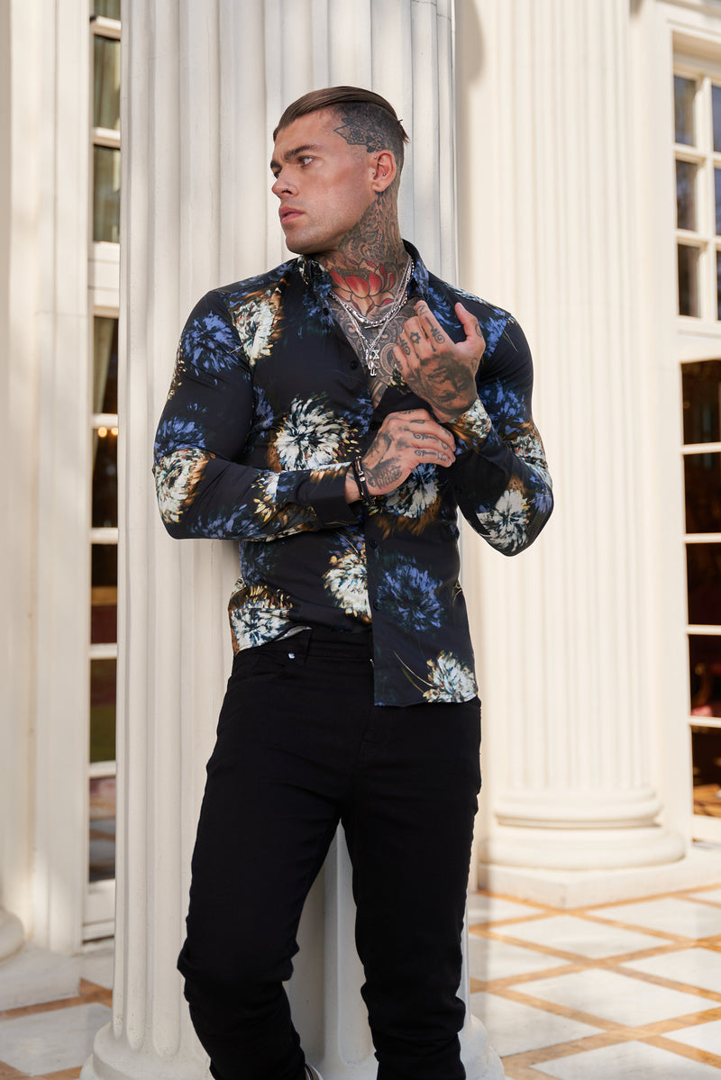 Father Sons Super Slim Stretch Black Base Blurred Flower Print Long Sleeve with Button Down Collar - FS800