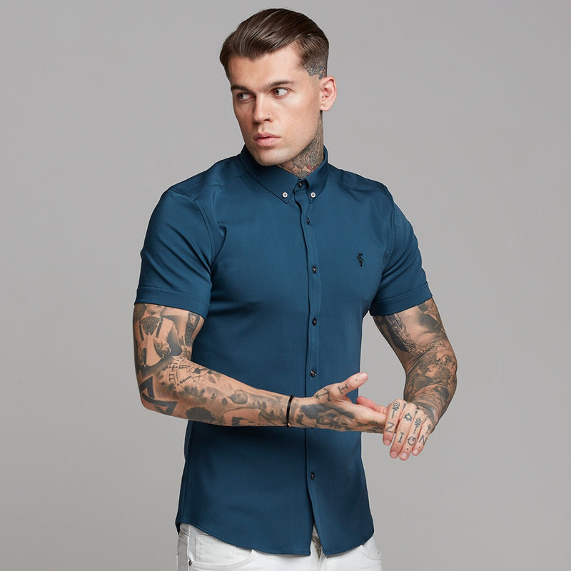 Father Sons Super Slim Ultra Stretch Classic Teal Short Sleeve (Anthrazitfarbene Knöpfe) – FS485