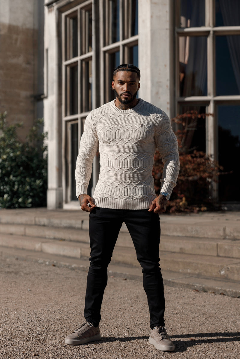 Father Sons Oatmeal gestrickter Cable Link Crew Super Slim Pullover mit Metallaufkleber – FSN071