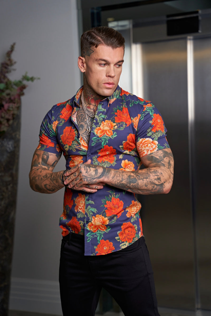 Father Sons Super Slim Stretch Navy and Red Floral Print Short Sleeve with Button Down Collar - FS839