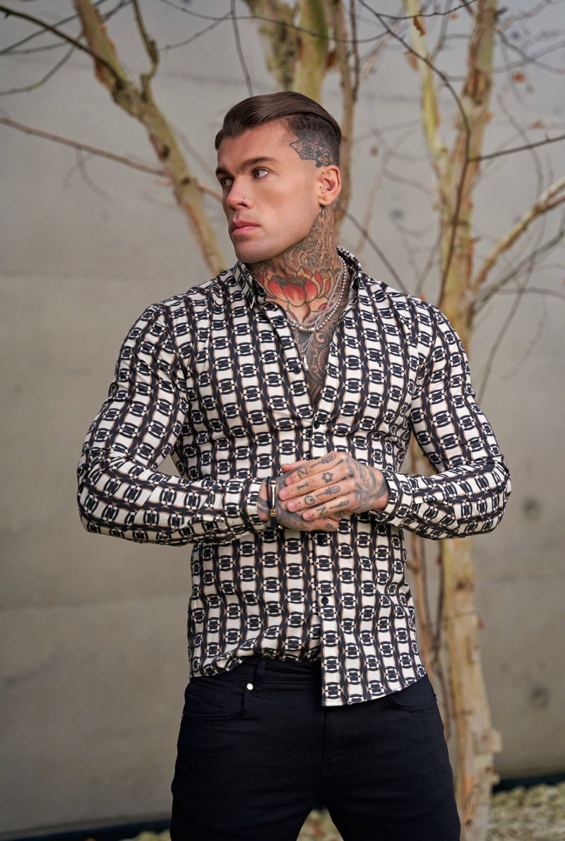 Father Sons Super Slim Stretch Black / Cream / Taupe Link Print Long Sleeve with Button Down Collar - FS848