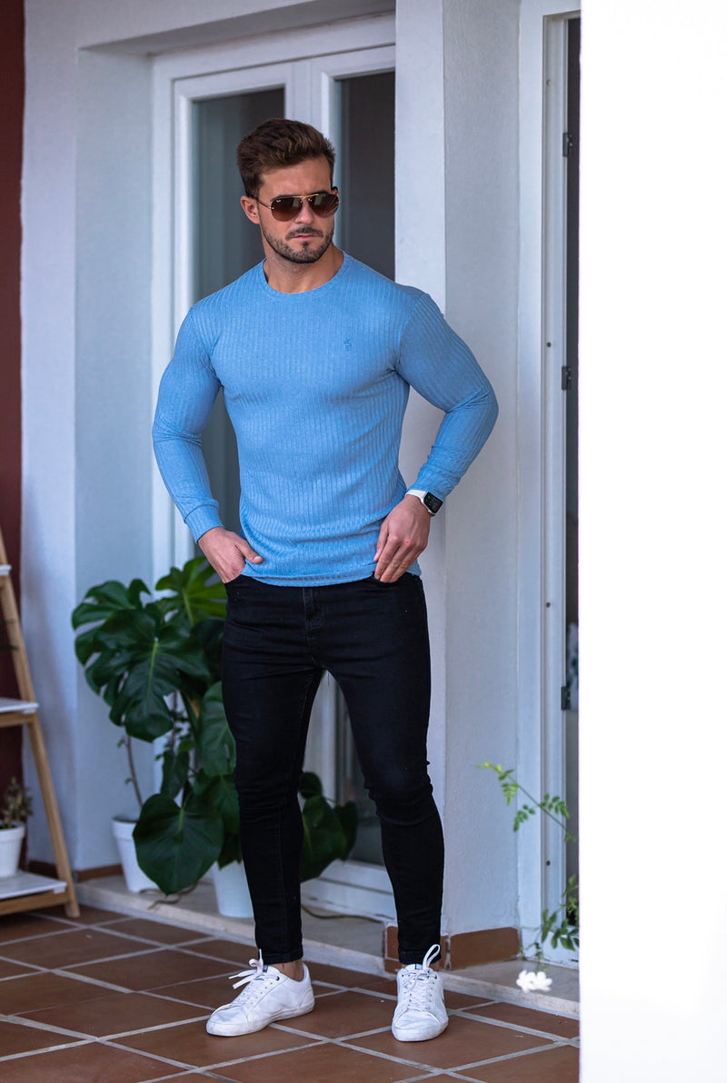 Klassischer gerippter Strickpullover von Father Sons in Babyblau – FSH594