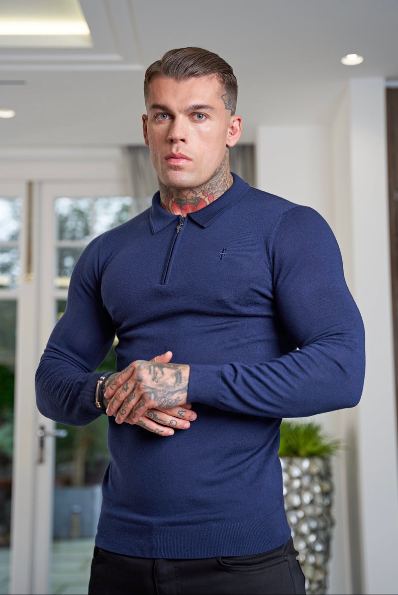 Father Sons Classic Navy Merino Wool Knitted Zip Polo Long Sleeve Jumper With FS Embroidery- FSN007