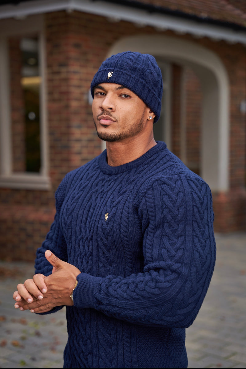 Father Sons Navy Twisted Braid Weave Super Slim Pullover mit goldenem Aufkleber – FSJ036