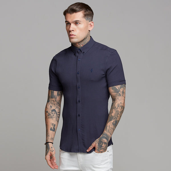 Father Sons Super Slim Stretch Ribbed Navy Short Sleeve - FS442