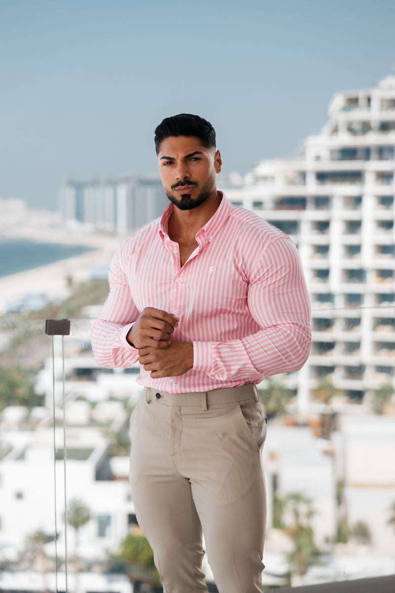 Father Sons Super Slim Stretch White / Pink Stripe Print Long Sleeve with Button Down Collar - FS888