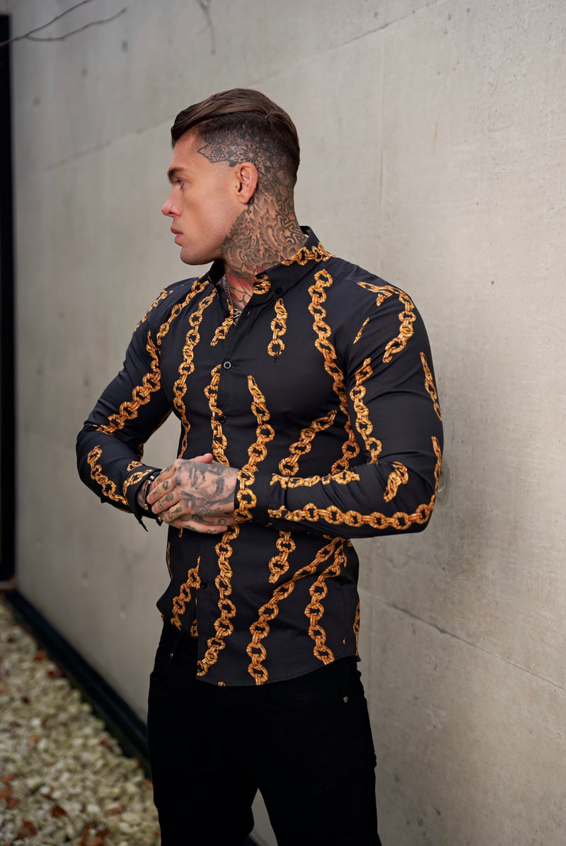 Father Sons Super Slim Stretch Black / Gold Chain Print Long Sleeve with Button Down Collar - FS856