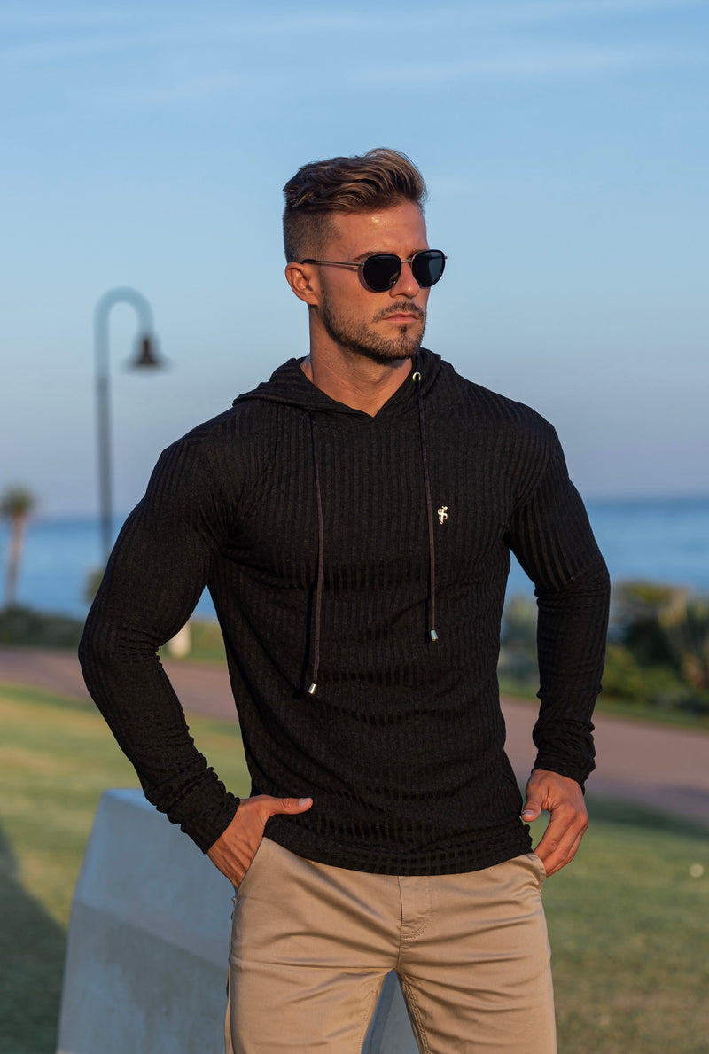 Father Sons Klassischer Kapuzenpullover aus geripptem Strick in Schwarz und Gold – FSH511