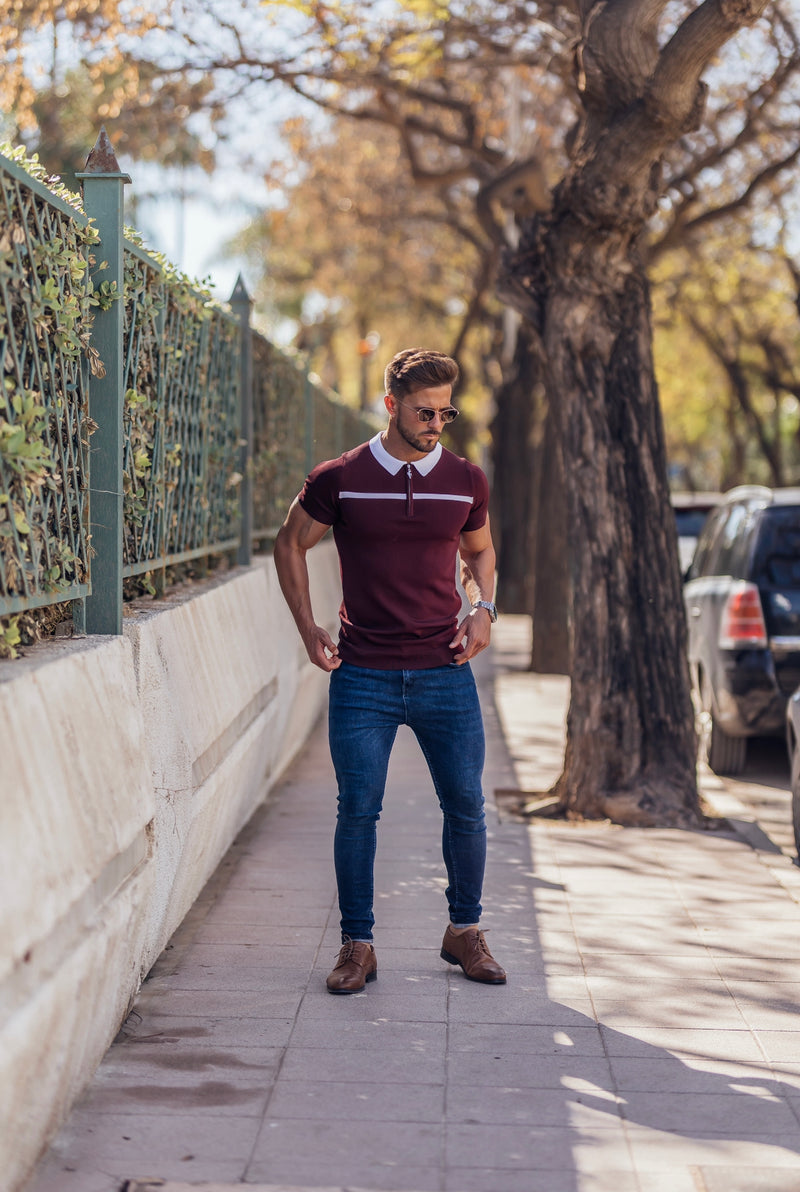 Father Sons Classic Burgundy / White Horizontal Stripe Zipped Polo Short Sleeve - FSN045