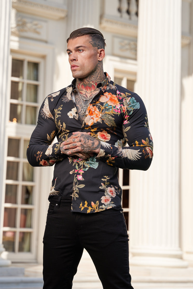 Father Sons Super Slim Stretch Black Crane Print Long Sleeve with Button Down Collar - FS772