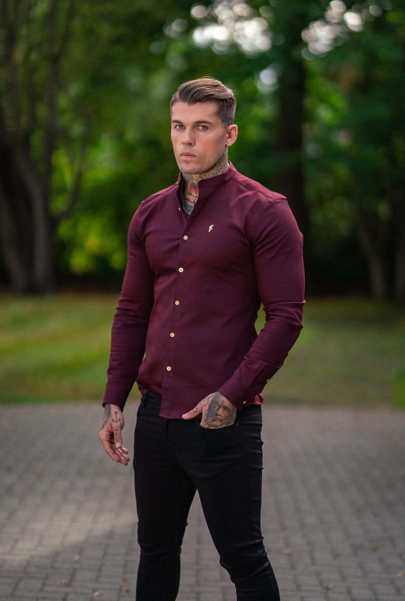 Father Sons Super Slim Stretch Burgundy Denim Long Sleeve Grandad collar with Metal Buttons and Decal Emblem - FS721