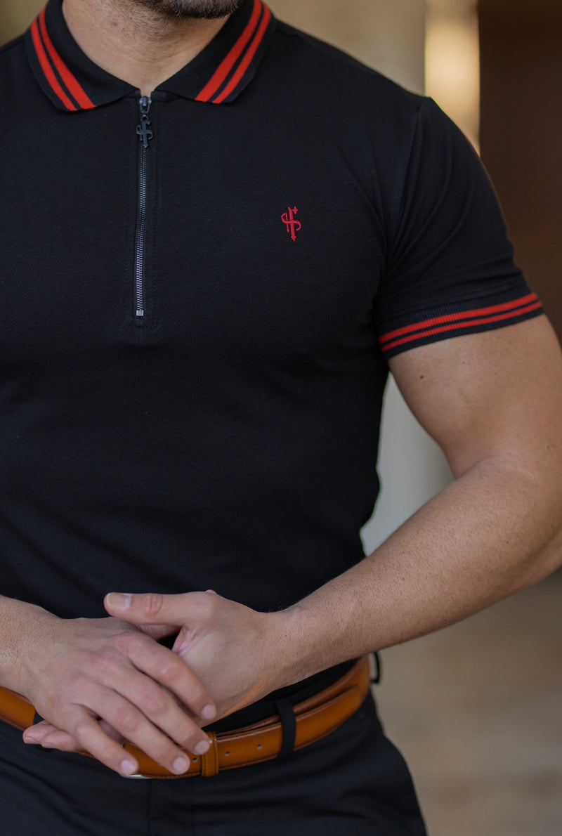 Father Sons klassisches schwarz/rotes Kontrast-Poloshirt mit Kragen und Ärmeln, kurzärmlig – FSH619