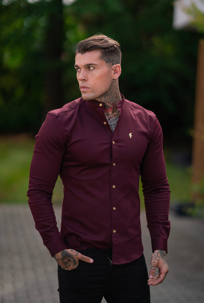 Father Sons Super Slim Stretch Burgundy Denim Long Sleeve Grandad collar with Metal Buttons and Decal Emblem - FS721