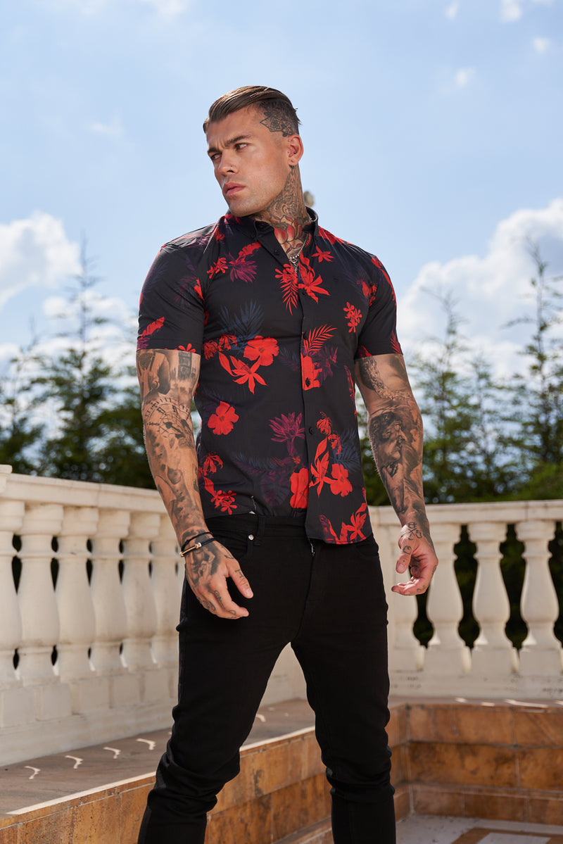 Father Sons Super Slim Stretch Black and Red Floral Print Short Sleeve with Button Down Collar - FS767