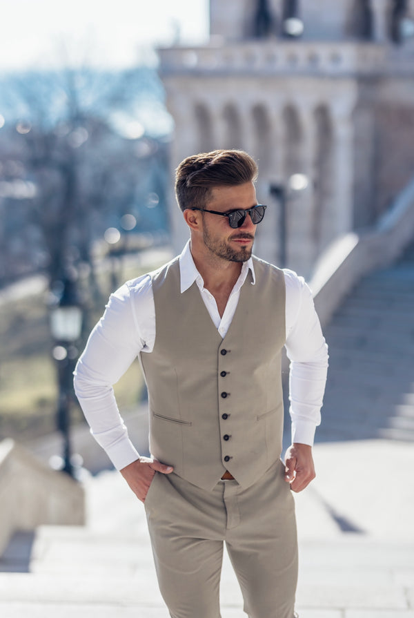 Father Sons Slim Formal Waistcoat Plain Beige - FSW003