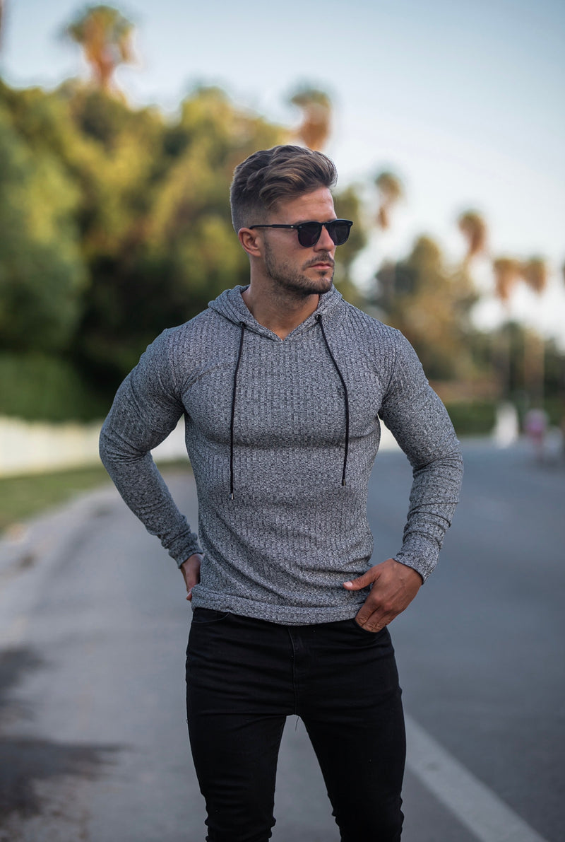 Father Sons Klassischer Kapuzenpullover aus geripptem Strick in Grau/Schwarz – FSH509