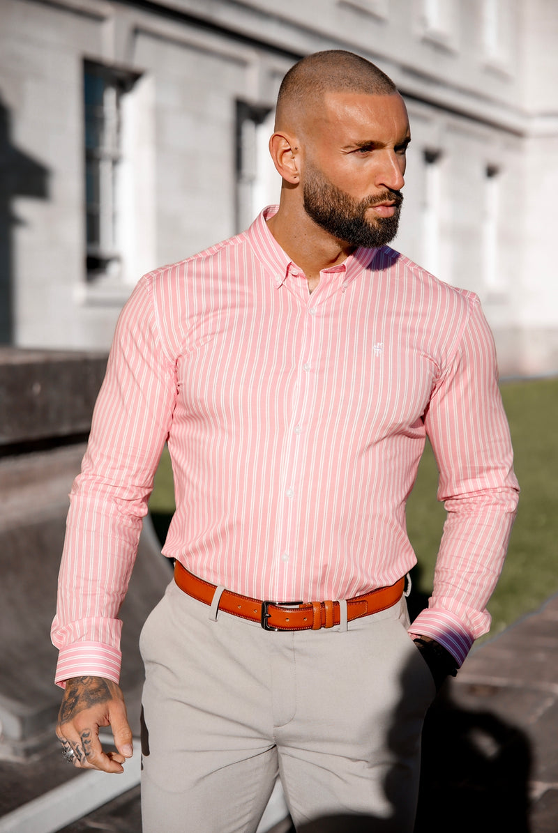 Father Sons Super Slim Stretch Weiß/Rosa Streifendruck Langarm mit Button-Down-Kragen – FS888