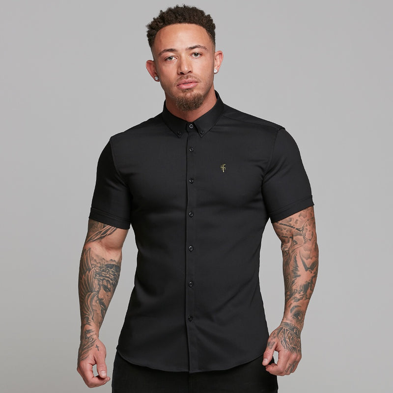 Father Sons Super Slim Ultra Stretch Classic Black Short Sleeve (Khaki Embroidery) -  FS481