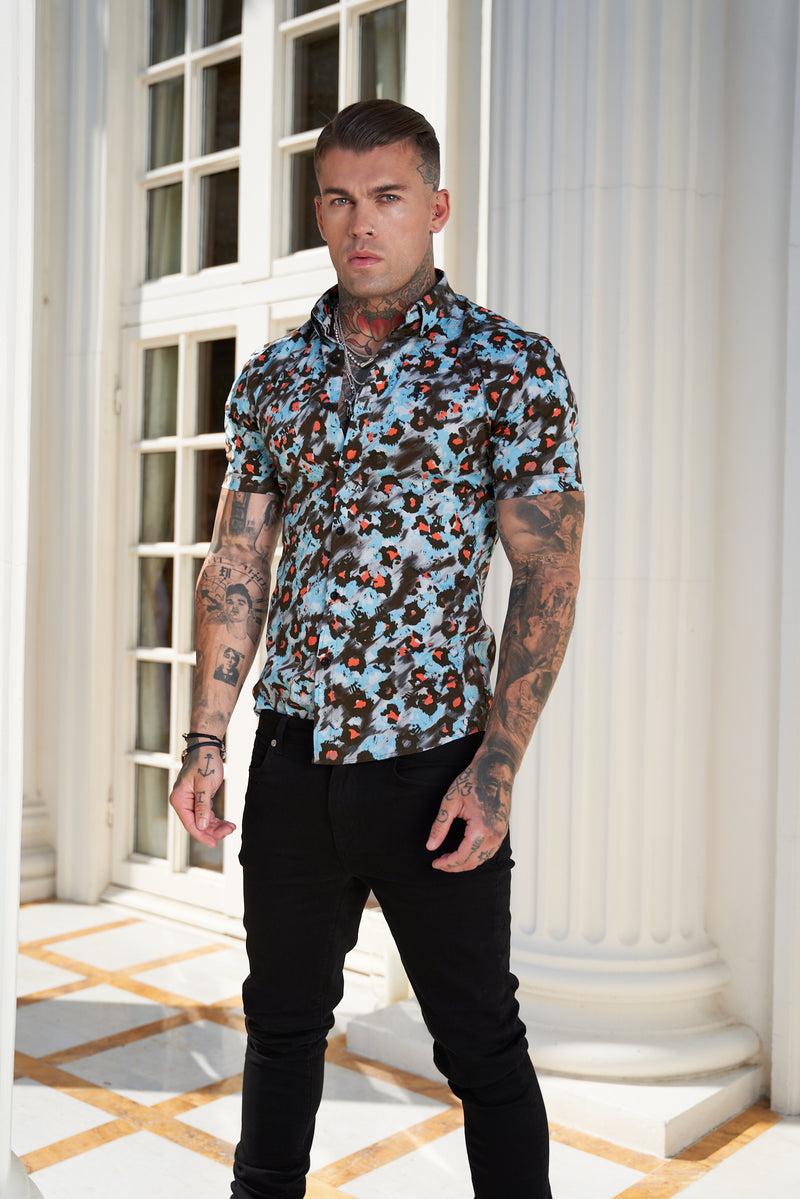 Father Sons Super Slim Stretch Multi Colour Abstract Leopard Print Short Sleeve with Button Down Collar - FS790