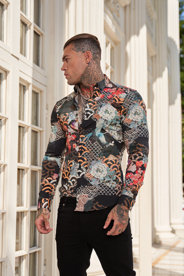 Father Sons Super Slim Stretch Multi Oriental Print Langarmshirt mit Button-Down-Kragen – FS771