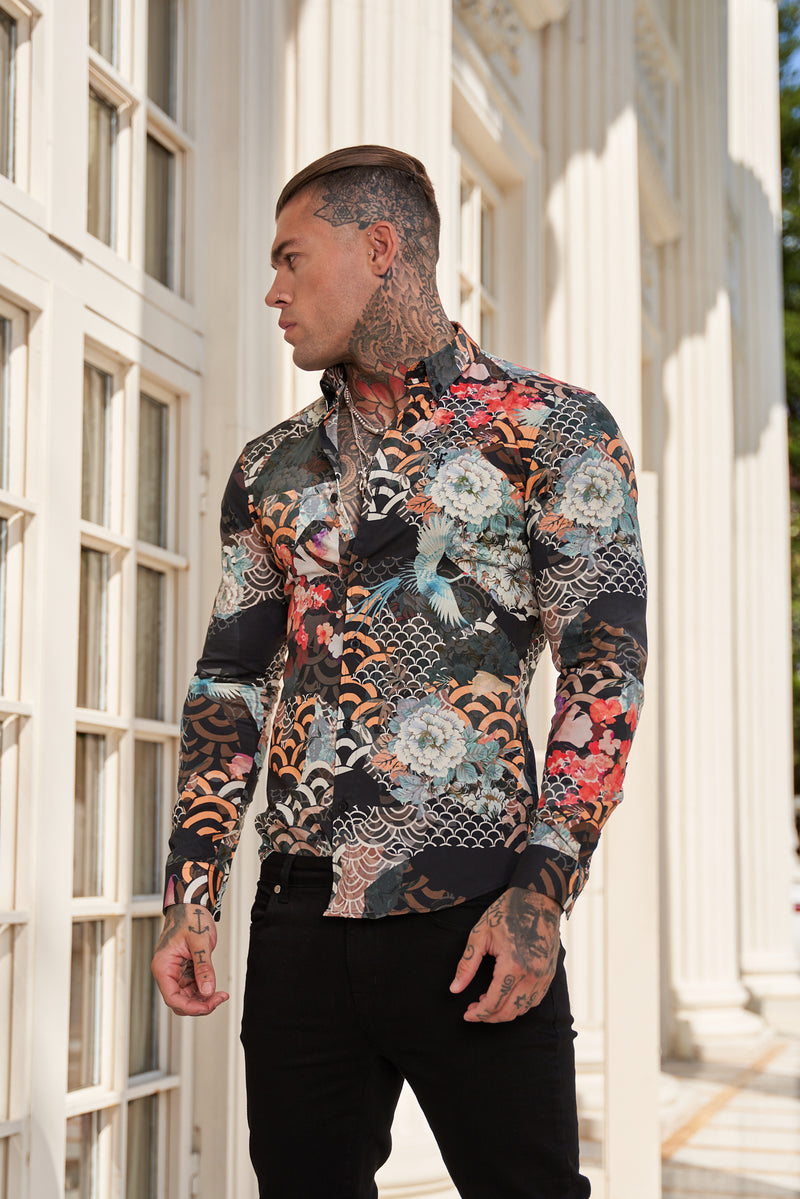 Father Sons Super Slim Stretch Multi Oriental Print Long Sleeve with Button Down Collar - FS771