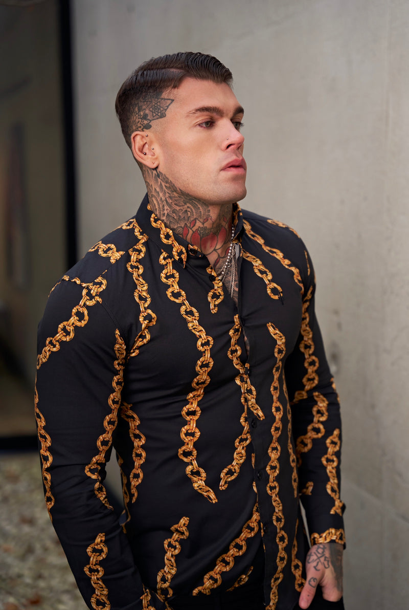 Father Sons Super Slim Stretch Black / Gold Chain Print Long Sleeve with Button Down Collar - FS856