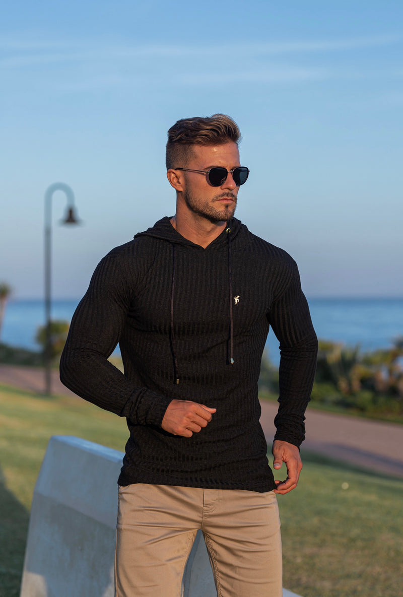 Father Sons Klassischer Kapuzenpullover aus geripptem Strick in Schwarz und Gold – FSH511