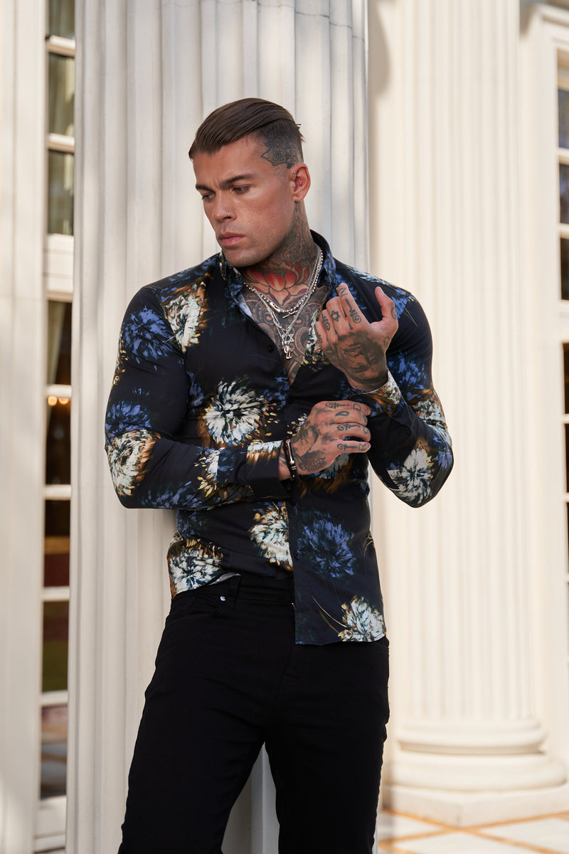 Father Sons Super Slim Stretch Black Base Blurred Flower Print Long Sleeve with Button Down Collar - FS800