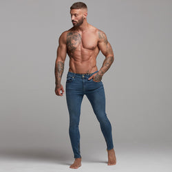 Vater-Söhne-Jeans mit Reißverschluss am Knöchel, schlichte, schmale Stretch-Jeans in Blau – FSH181