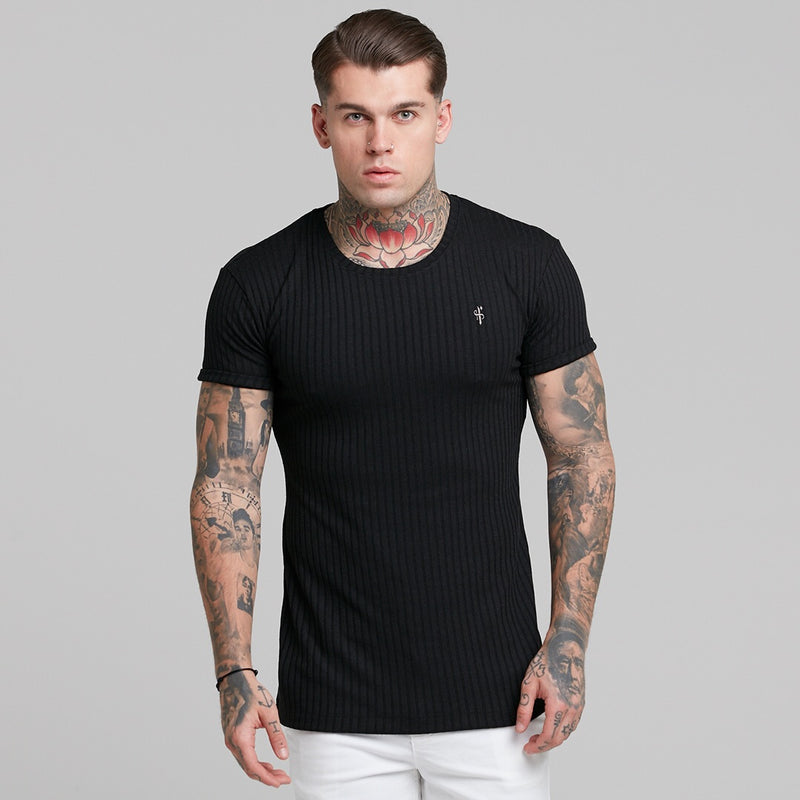 Father Sons Classic Black Ribbed Knit Super Slim Short Sleeve Crew – FSH241
