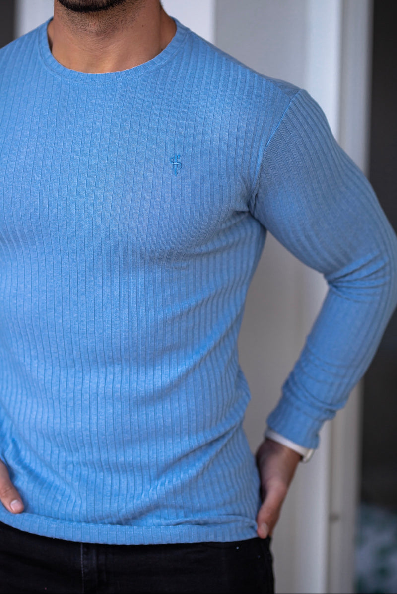 Klassischer gerippter Strickpullover von Father Sons in Babyblau – FSH594