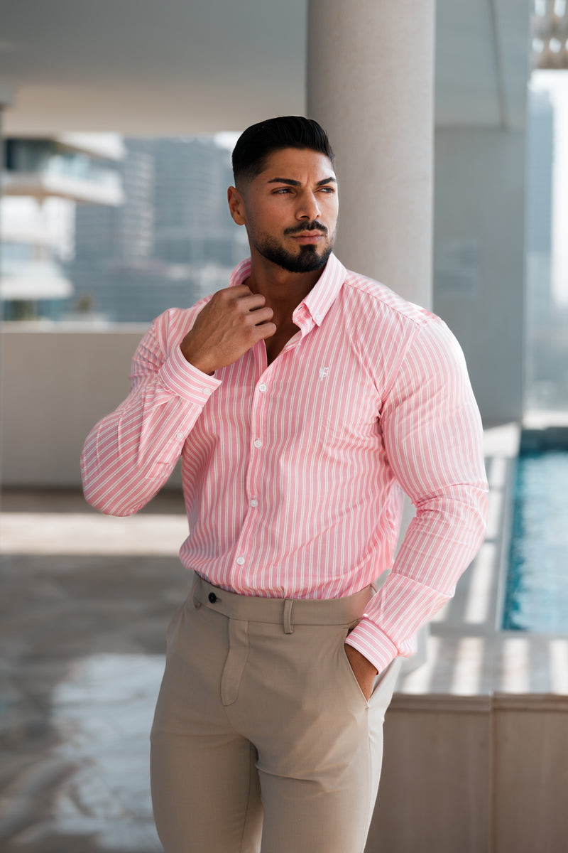 Father Sons Super Slim Stretch White / Pink Stripe Print Long Sleeve with Button Down Collar - FS888