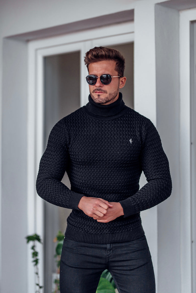 Father Sons Black Knitted Roll Neck Weave Super Slim Jumper With Metal Decal - FSJ024