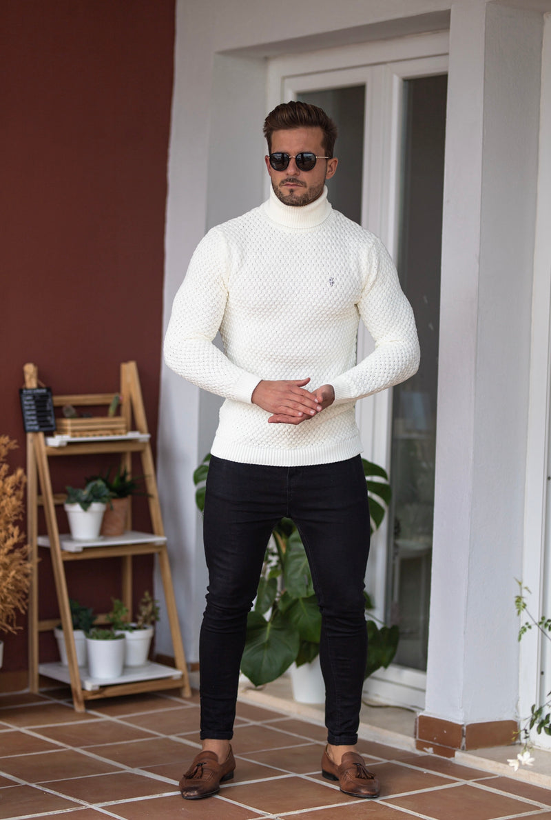 Father Sons Cream Knitted Roll Neck Weave Super Slim Jumper With Metal Decal - FSJ026