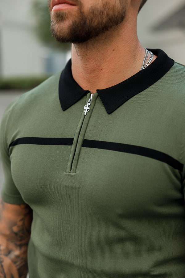 Father Sons klassisches Poloshirt mit Reißverschluss in Khaki/Schwarz mit horizontalen Streifen und kurzen Ärmeln – FSN042