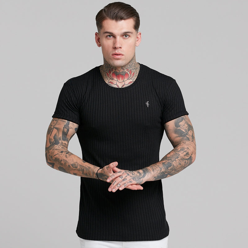 Father Sons Classic Black Ribbed Knit Super Slim Short Sleeve Crew – FSH241