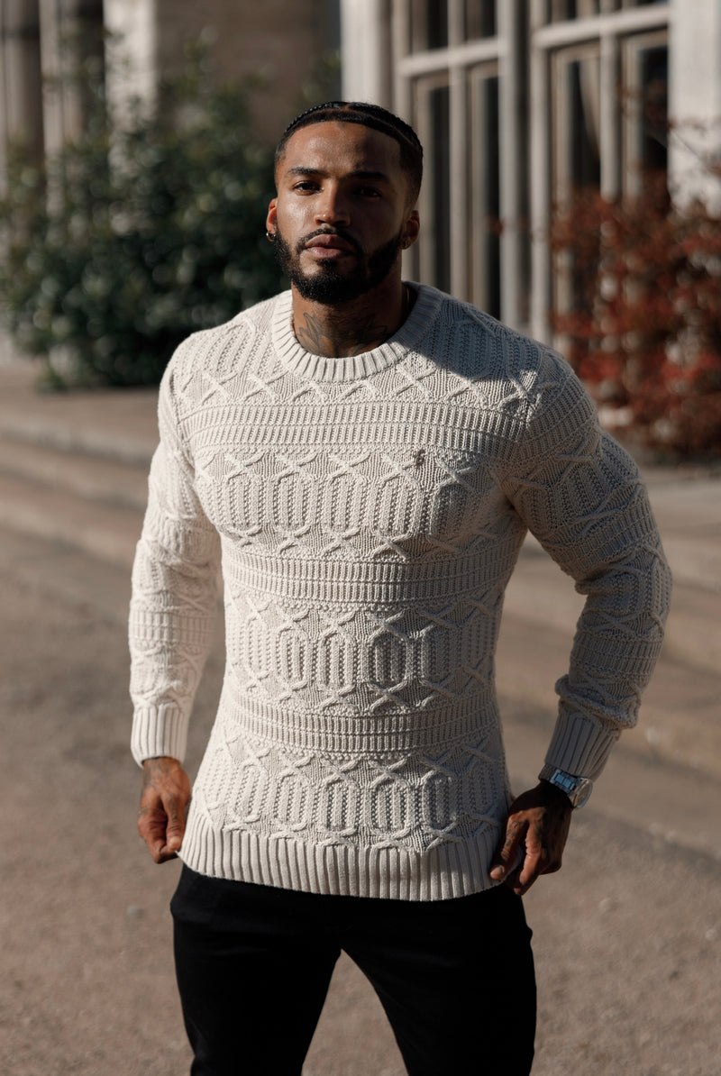 Father Sons Oatmeal gestrickter Cable Link Crew Super Slim Pullover mit Metallaufkleber – FSN071