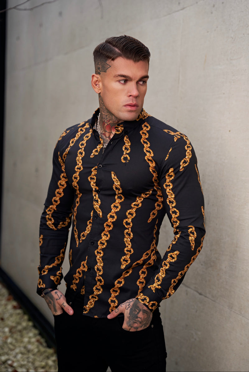 Father Sons Super Slim Stretch Black / Gold Chain Print Long Sleeve with Button Down Collar - FS856