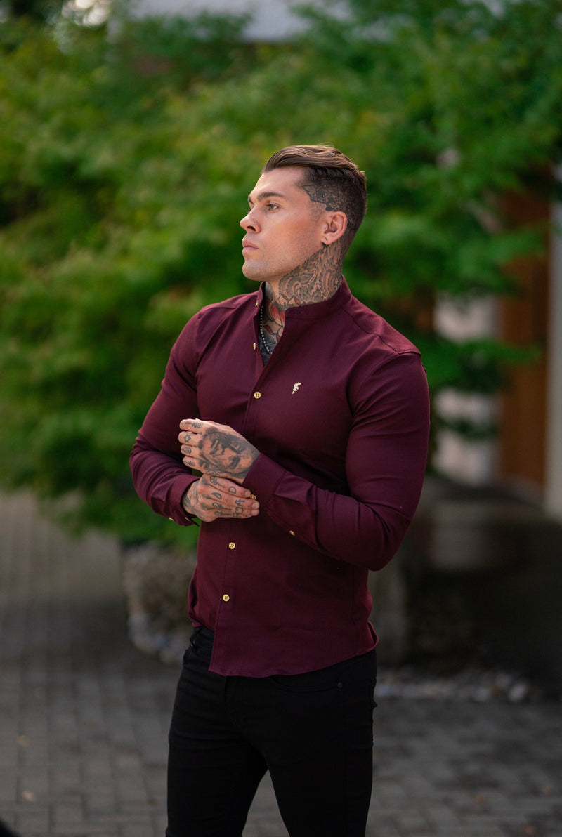 Father Sons Super Slim Stretch Burgundy Denim Long Sleeve Grandad collar with Metal Buttons and Decal Emblem - FS721