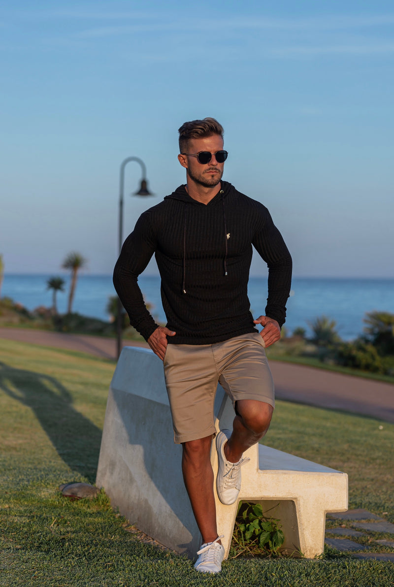 Father Sons Klassischer Kapuzenpullover aus geripptem Strick in Schwarz und Gold – FSH511