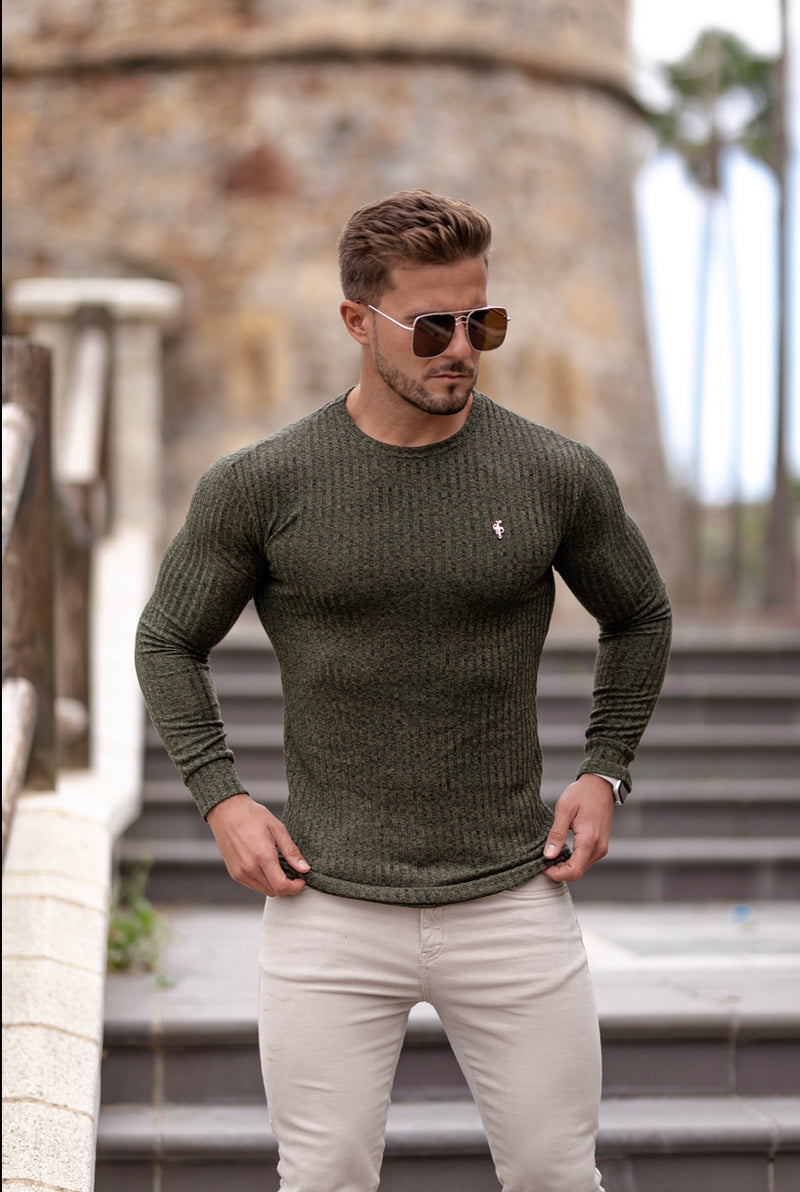 Father Sons Classic Khaki Ribbed Knit Jumper With Gold Emblem - FSH536